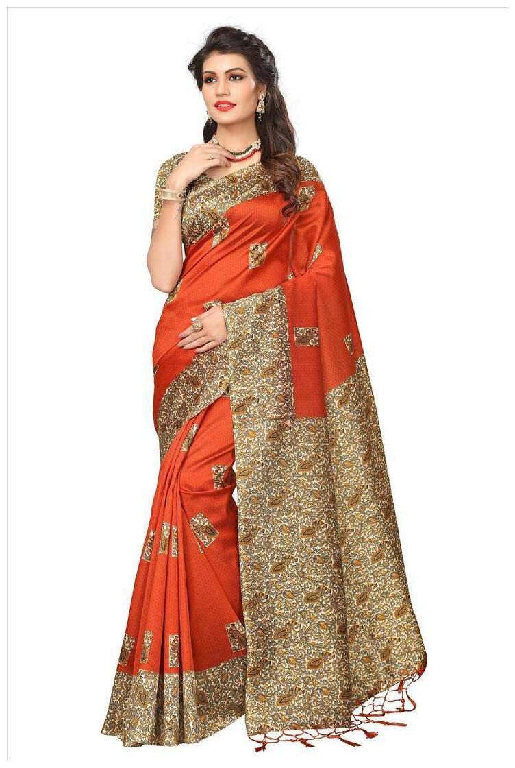 

Indian Beauty Women s Orange Color Mysore Silk With Tessals Saree With Blouse Piece
