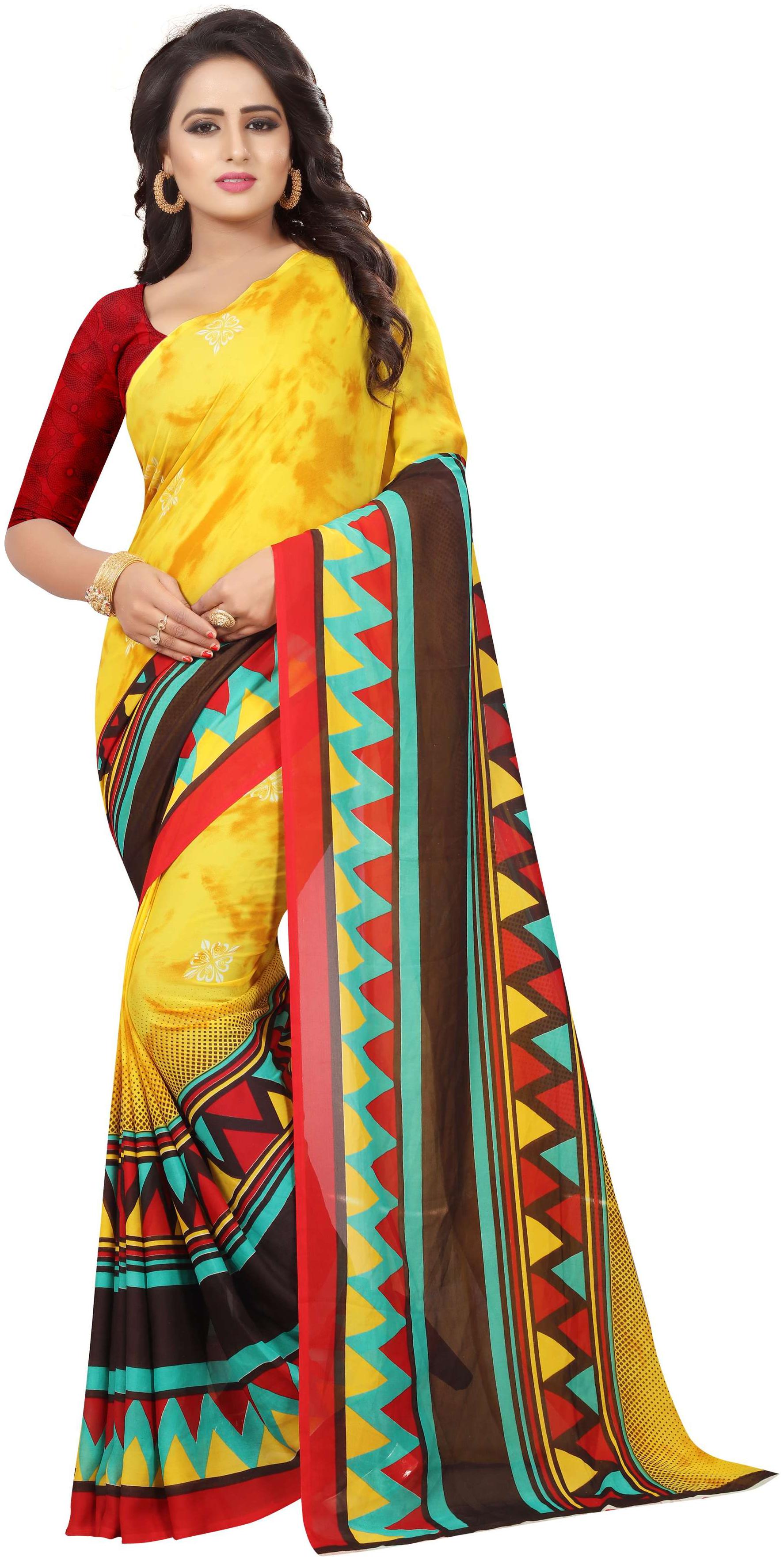 

Indian Beauty Women s Yellow Georgette With Blouse Printed Sarees
