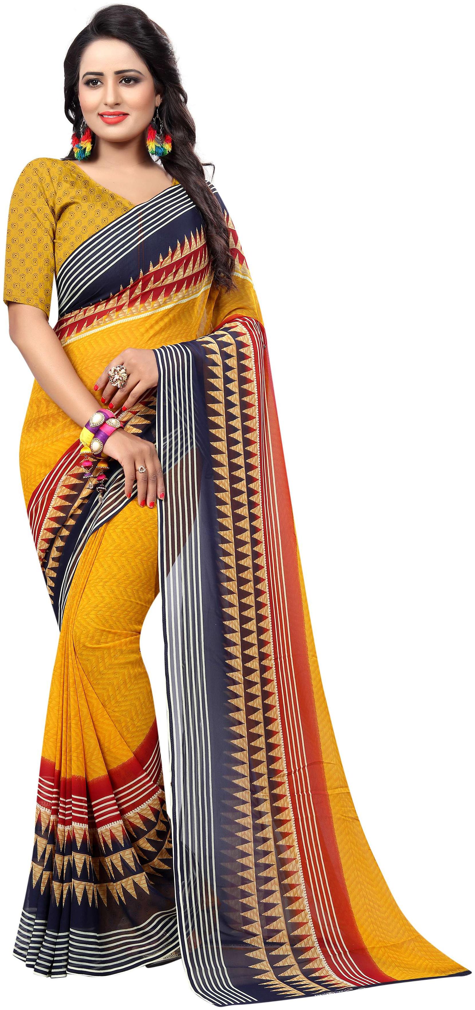 

Indian Beauty Women s Yellow Color Georgette Printed Saree With Blouse