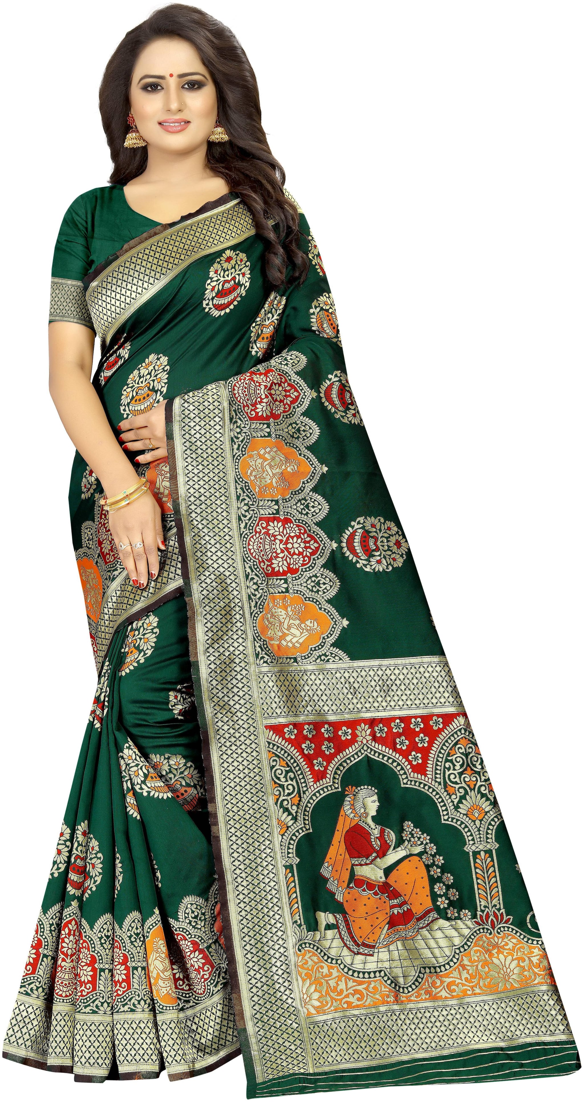

INDIAN BEAUTIFUL Women Blended Sarees Green