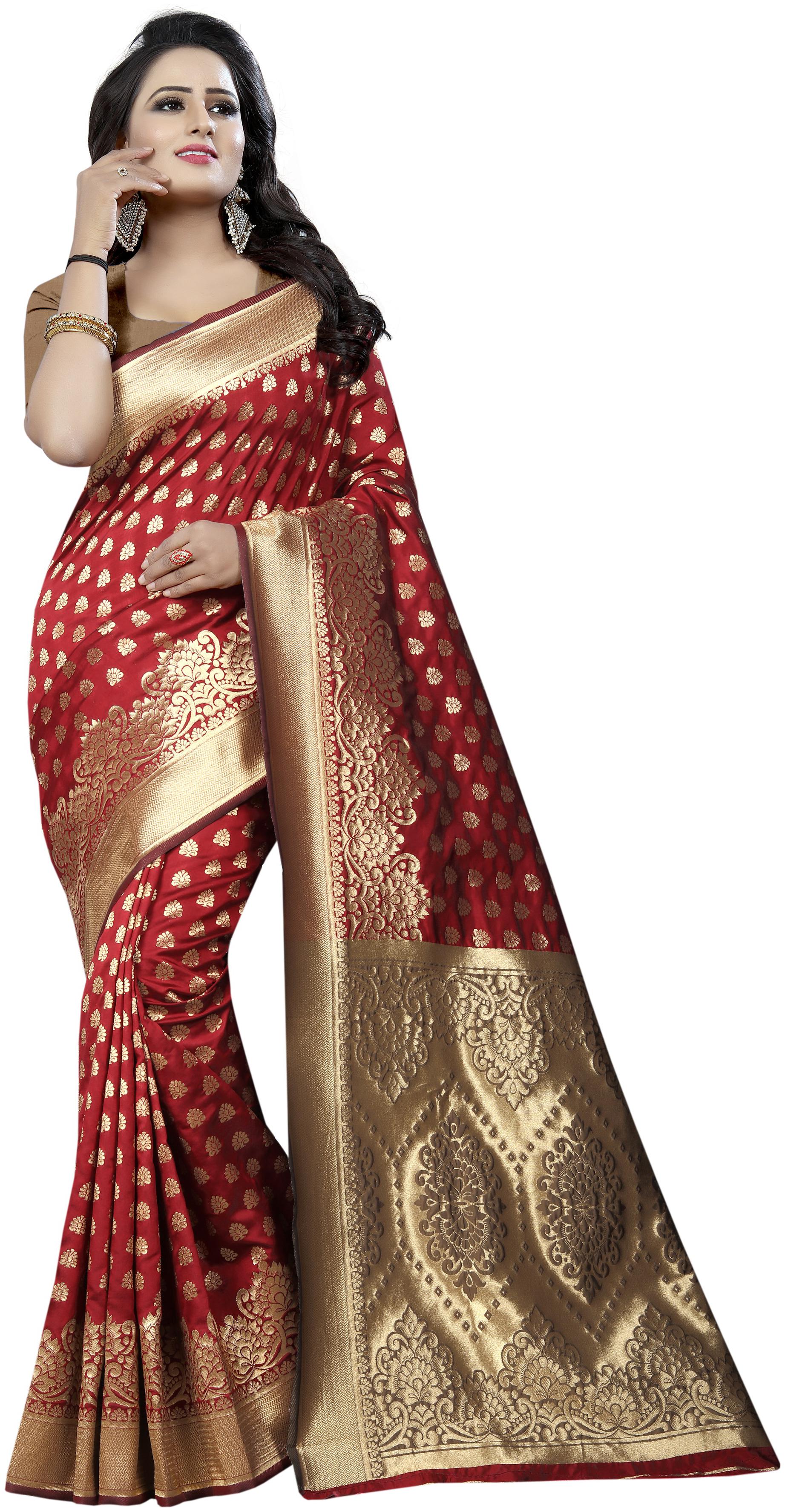

INDIAN BEAUTIFUL Red Woven Banarasi Designer Saree With Blouse With blouse