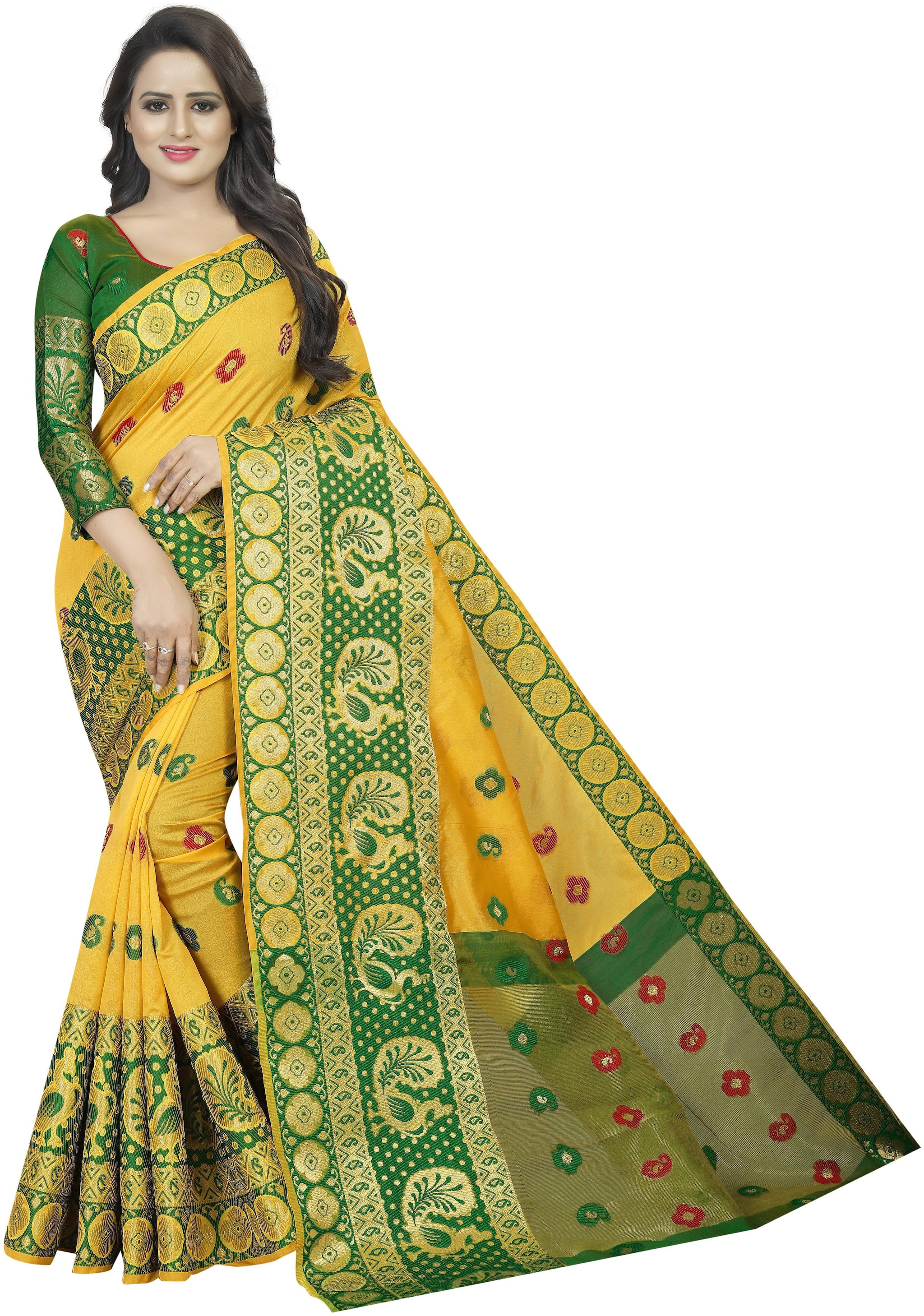 

INDIAN BEAUTIFUL Yellow Woven Banarasi Designer Saree With Blouse With blouse