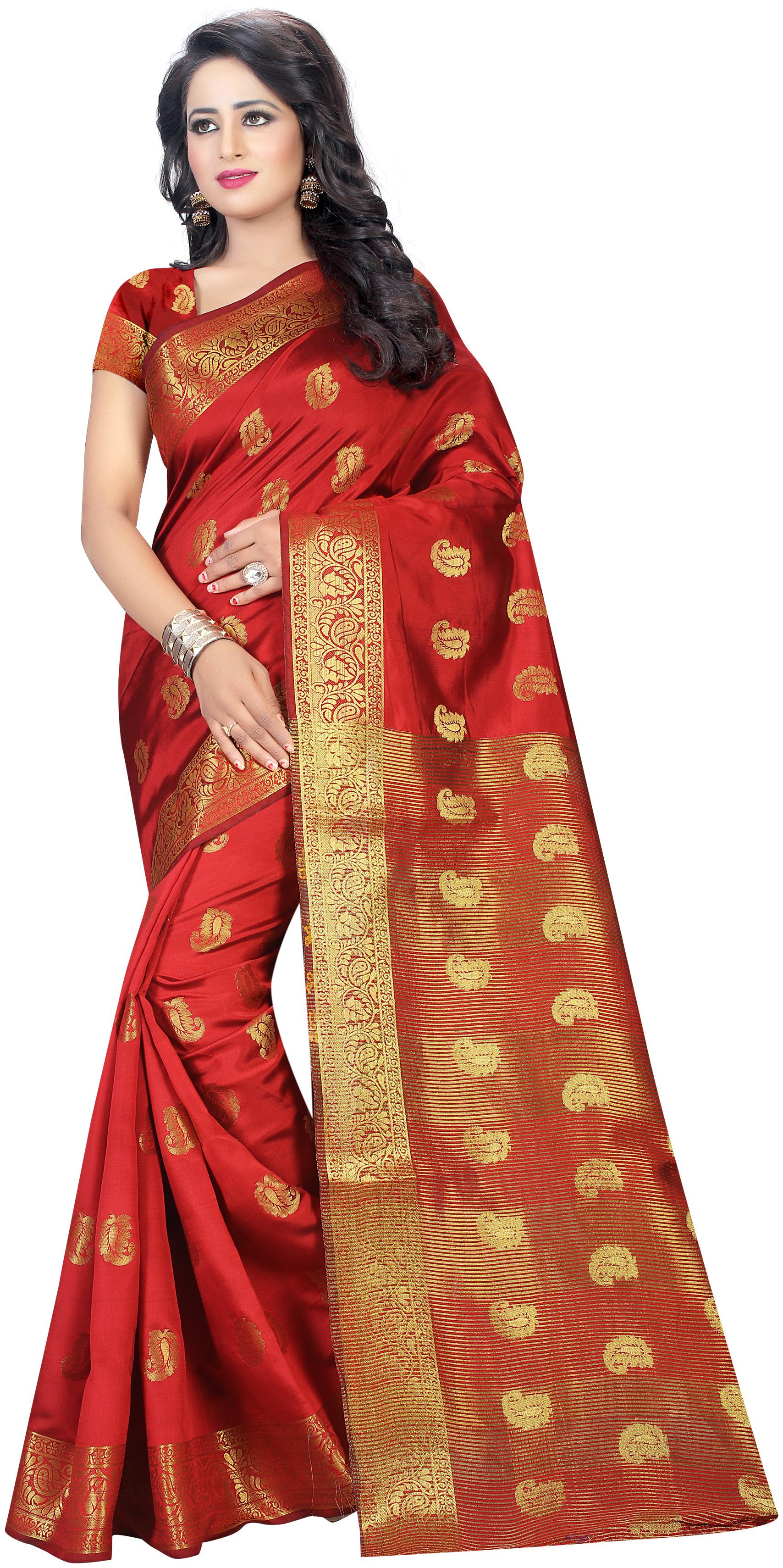 

INDIAN BEAUTIFUL Red Woven Banarasi Designer Saree With Blouse With blouse