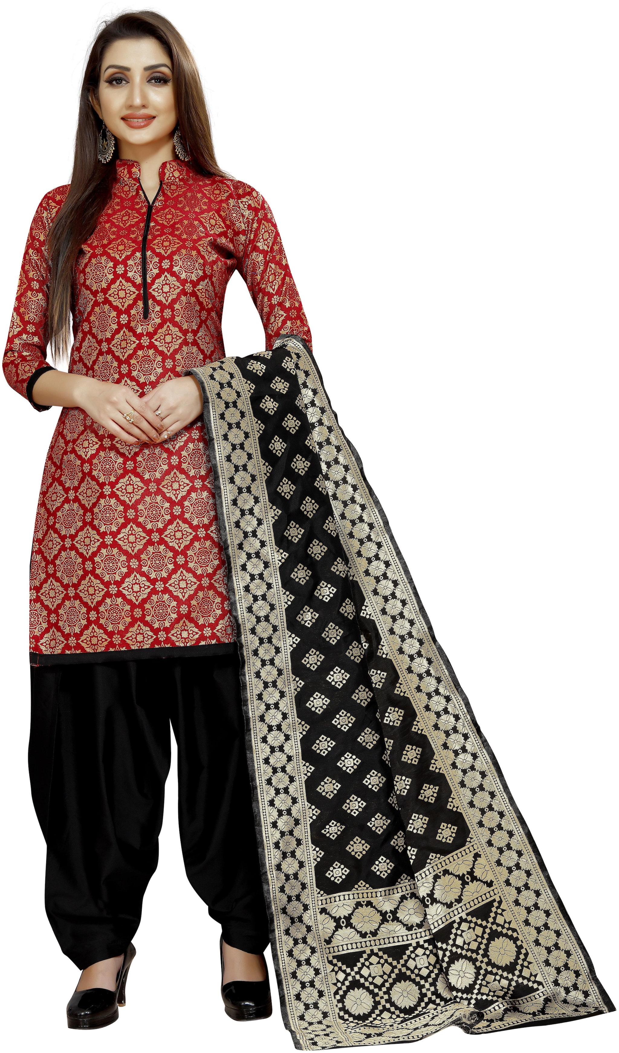 

INDIAN BEAUTIFUL Red Unstitched Kurta with bottom dupatta With dupatta Dress Material