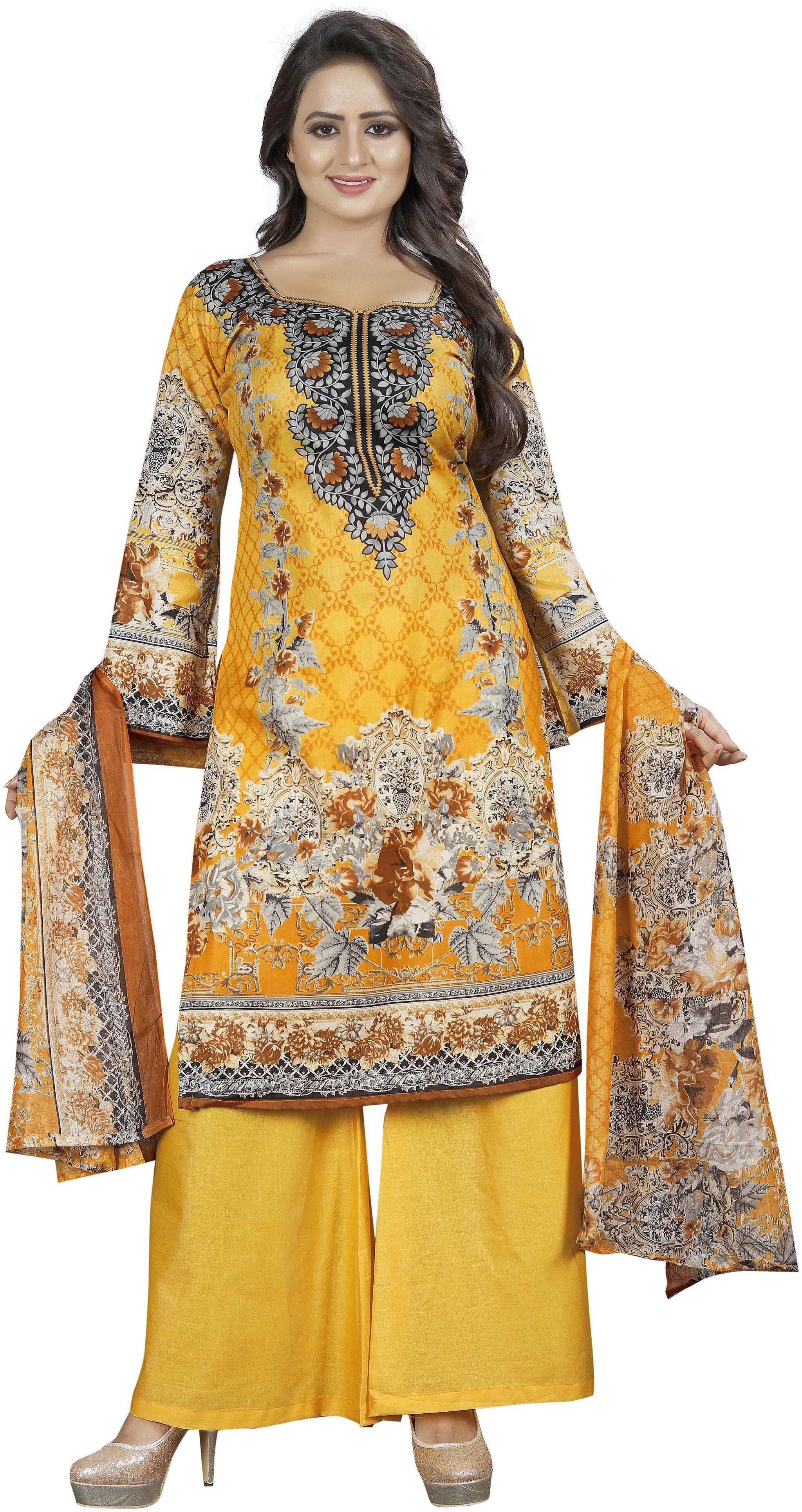 

INDIAN BEAUTIFUL Yellow Unstitched Kurta with bottom dupatta With dupatta Dress Material