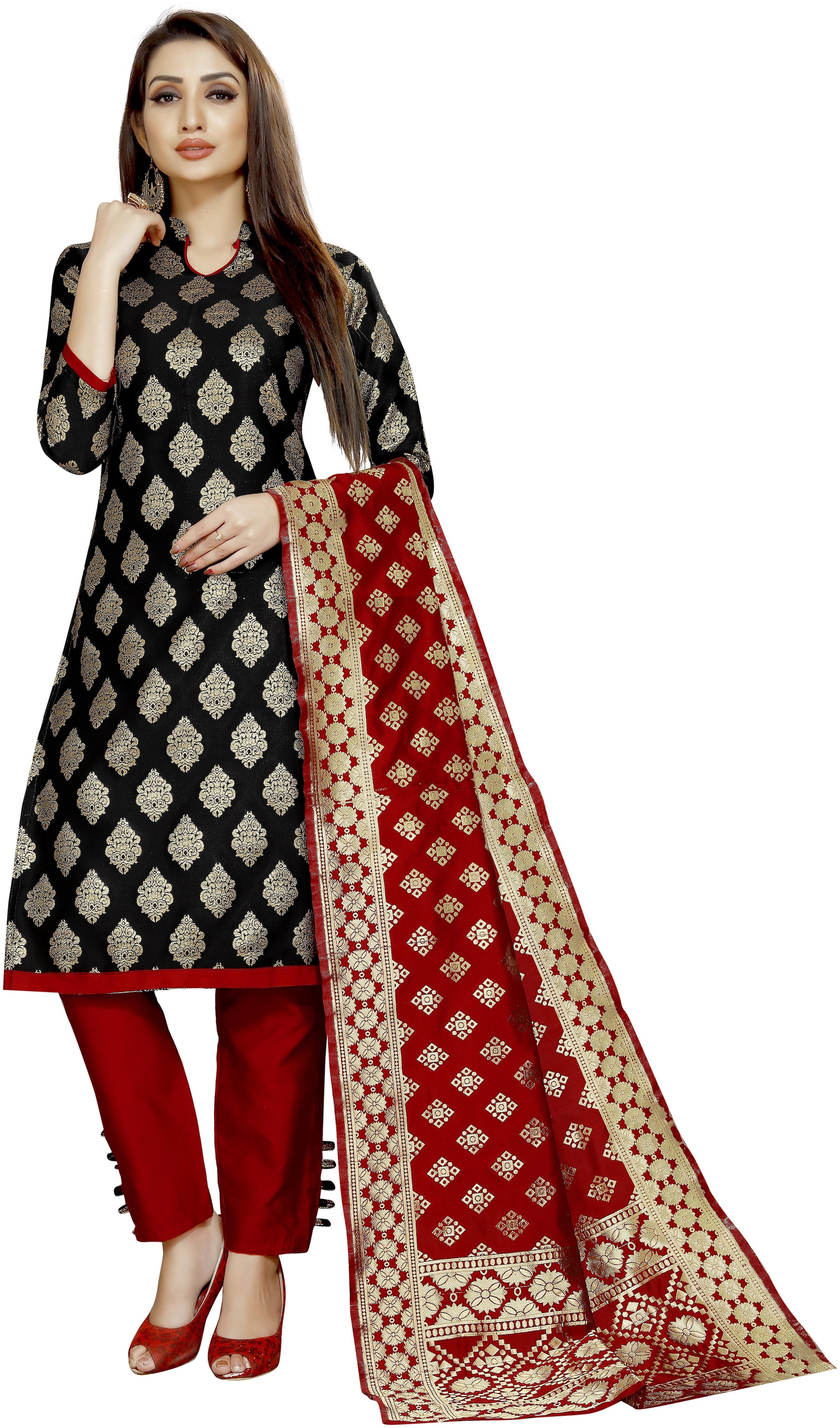 

INDIAN BEAUTIFUL Black Unstitched Kurta with bottom dupatta With dupatta Dress Material