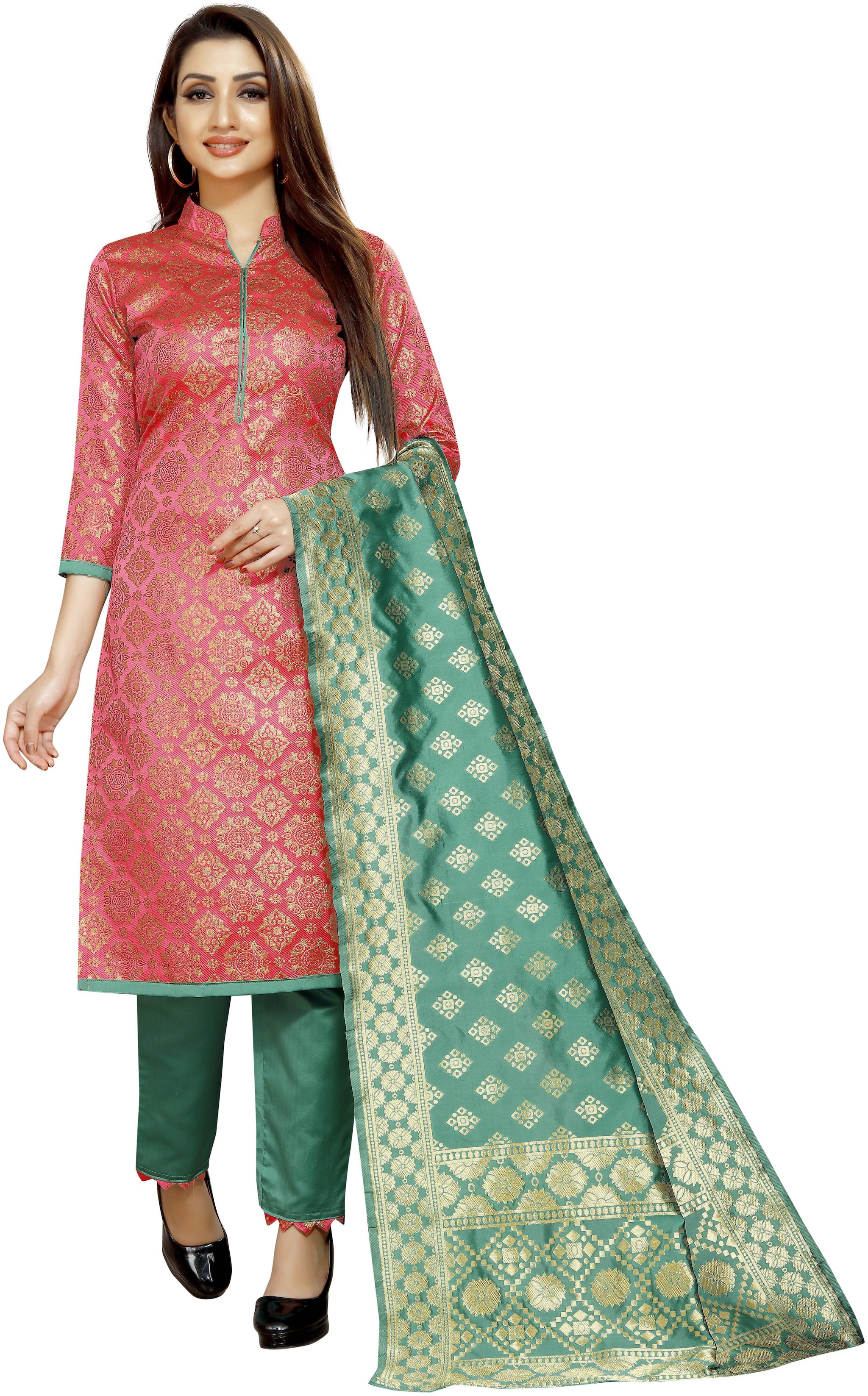 

INDIAN BEAUTIFUL Pink Unstitched Kurta with bottom dupatta With dupatta Dress Material
