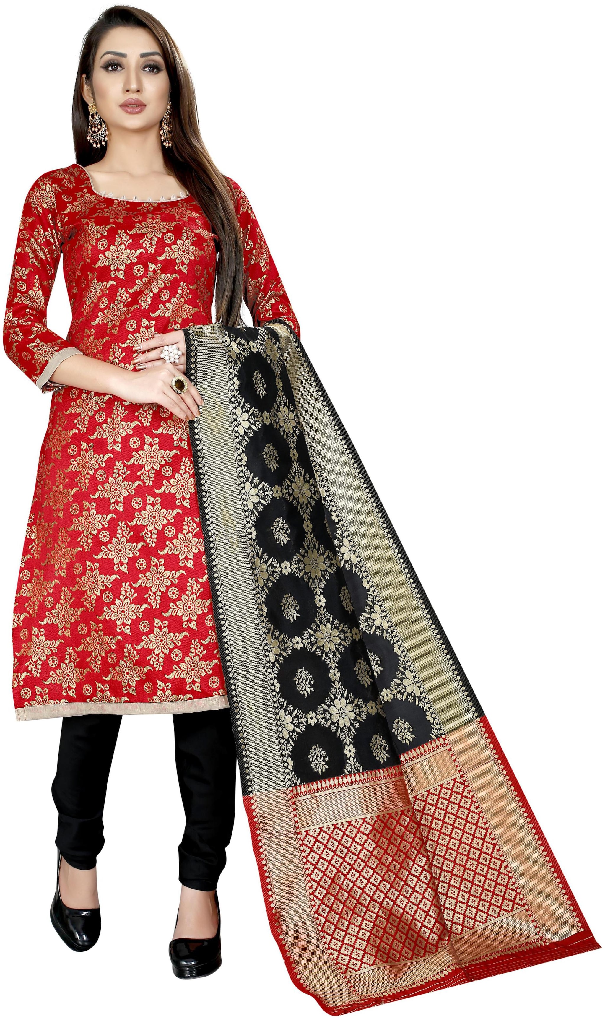 

INDIAN BEAUTIFUL Red Unstitched Kurta with bottom dupatta With dupatta Dress Material