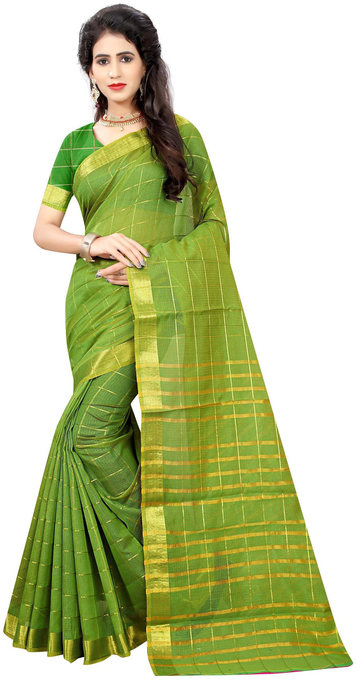 

Indian Fashionista Green Checkered Kota Doria Designer Saree With Blouse With blouse