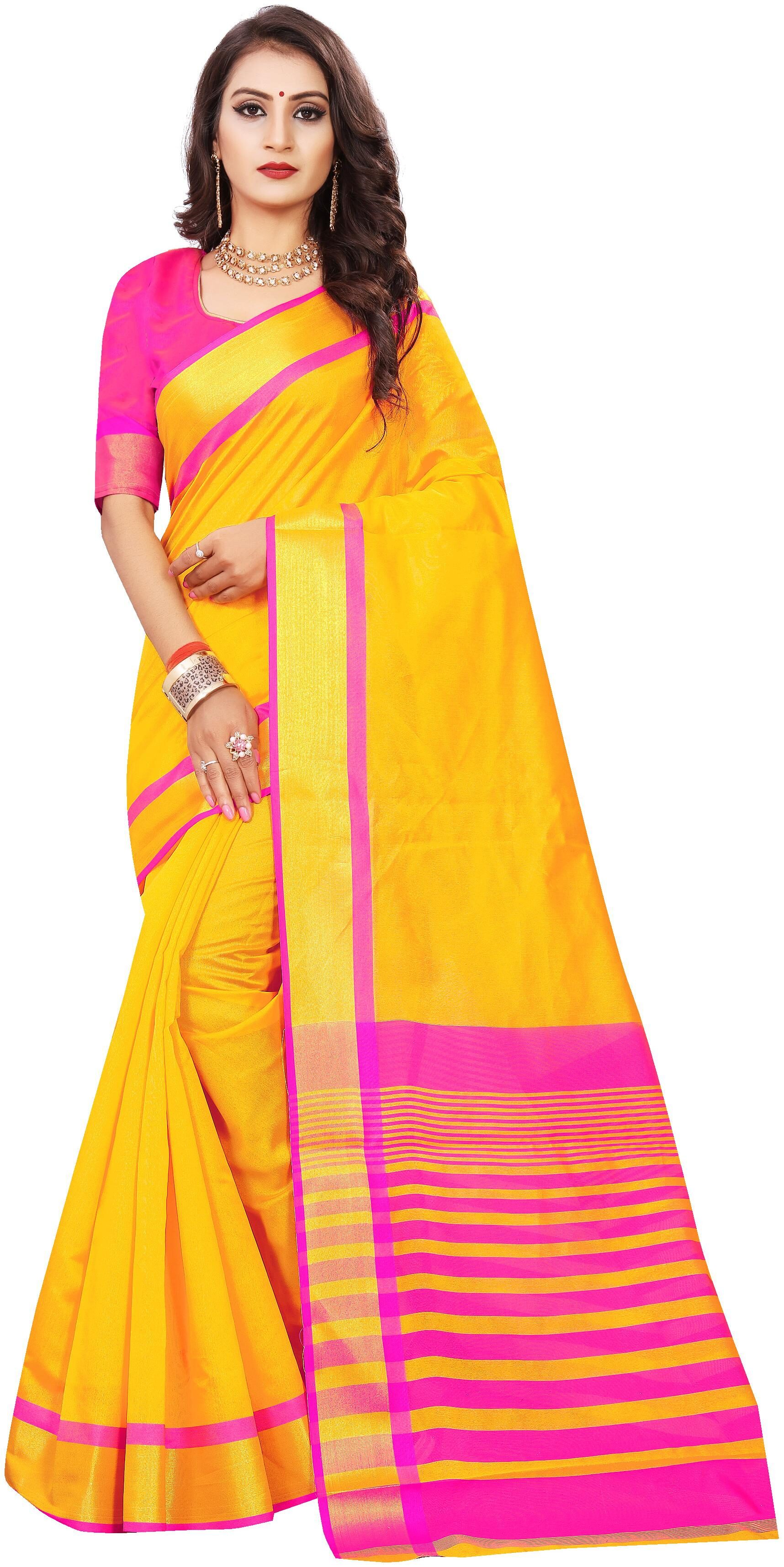 

Indian Fashionista Yellow Solid Chanderi Regular Saree With Blouse With blouse