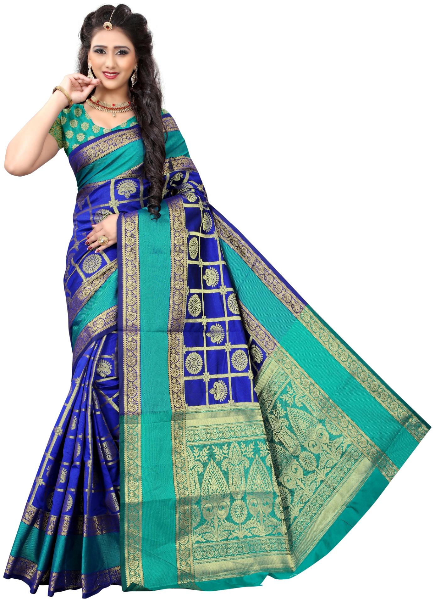 

Indian Fashionista Women s Banarasi Silk Saree with Blouse Piece (Butta Saree) (ALK-BANARASISILK-BLUE Free Size Blue)