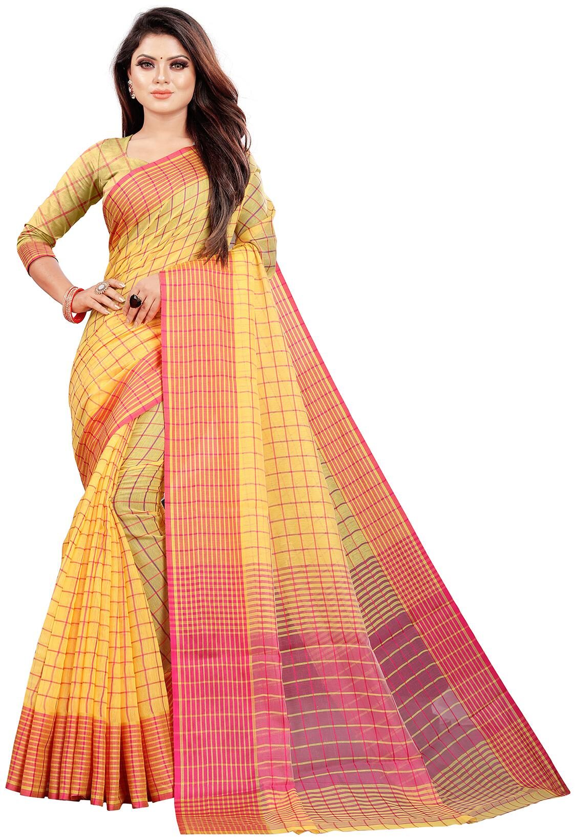 

Indian Fashionista Women Checkered Dupion Silk Saree Yellow