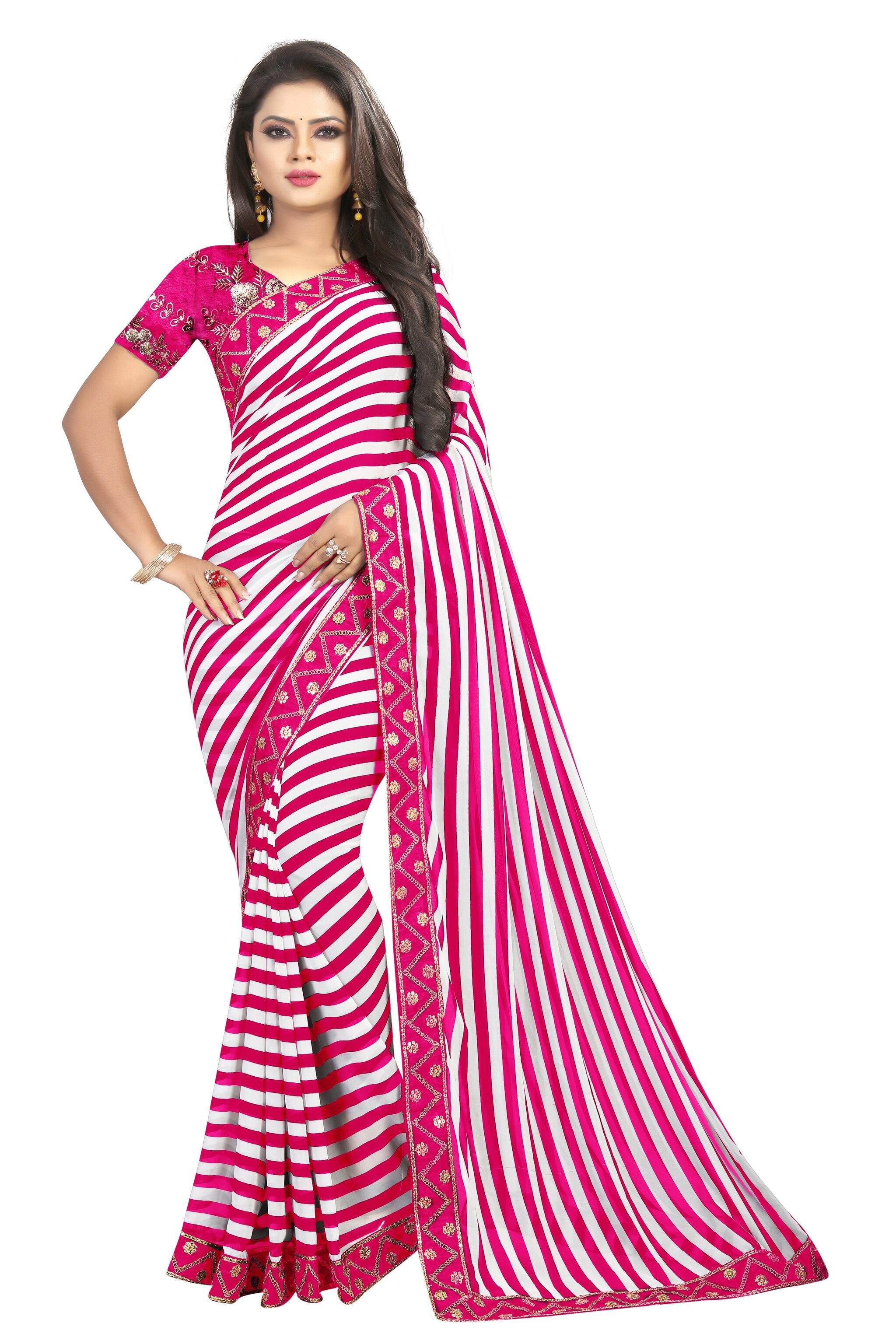 

Indian Rang Georgette Stiped Saree With Blouse Piece(Pink White)