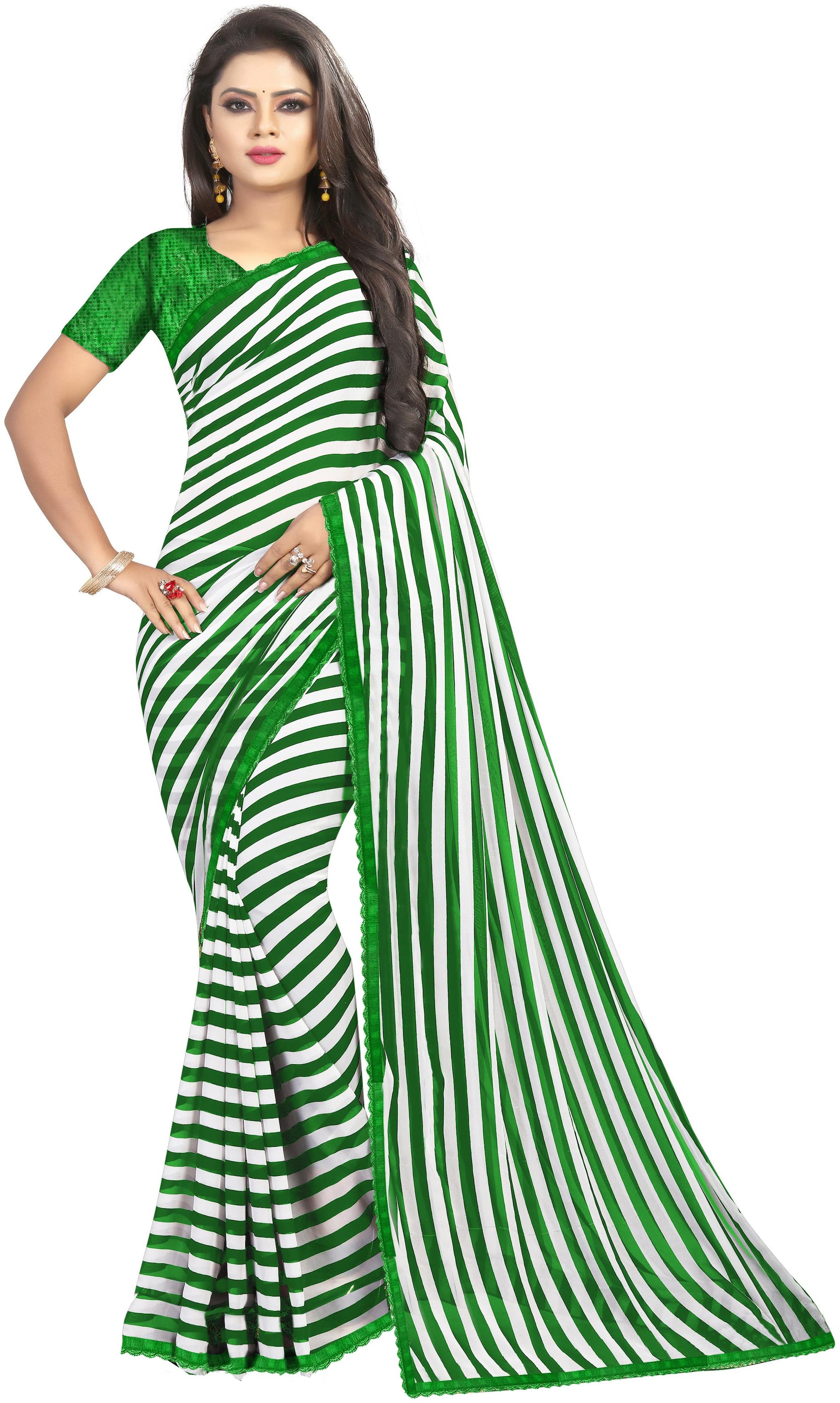 

INDIAN RANG Georgette Striped Green White Color Saree with Unstitched Blouse Piece