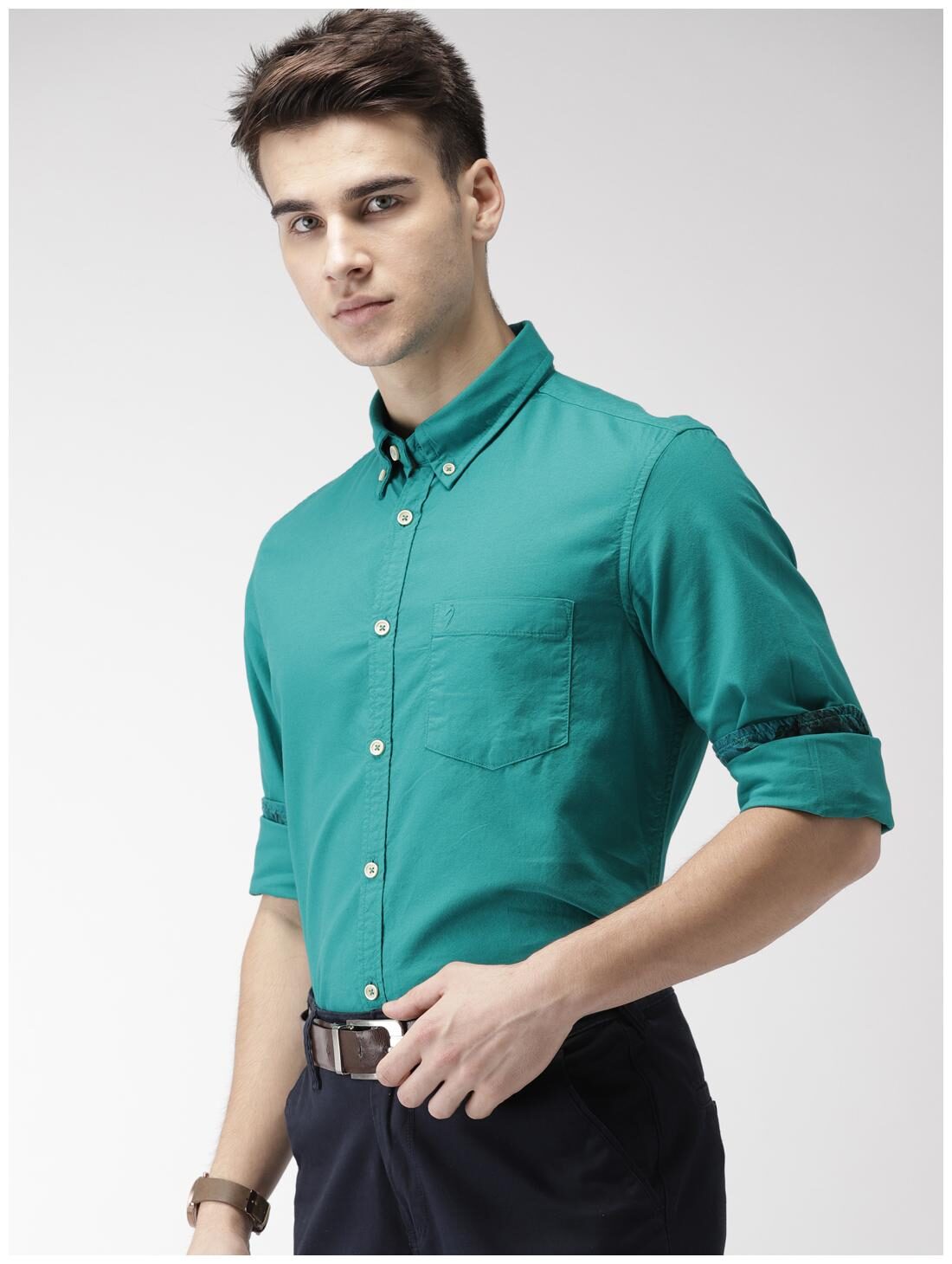 

Indian Terrain Cotton Solid Men Shirt - Green