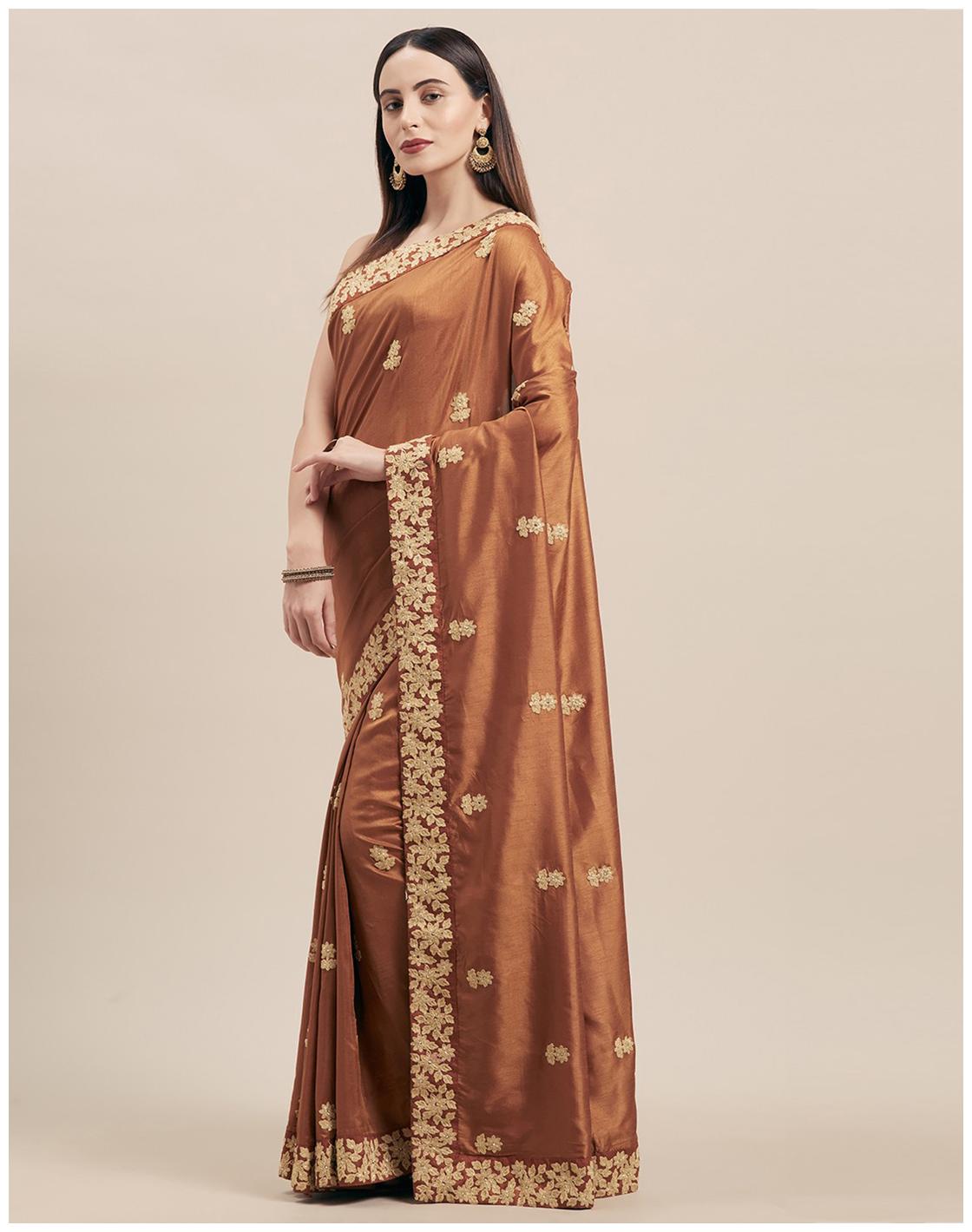 

Indian Women Silk Embroidered Saree Brown