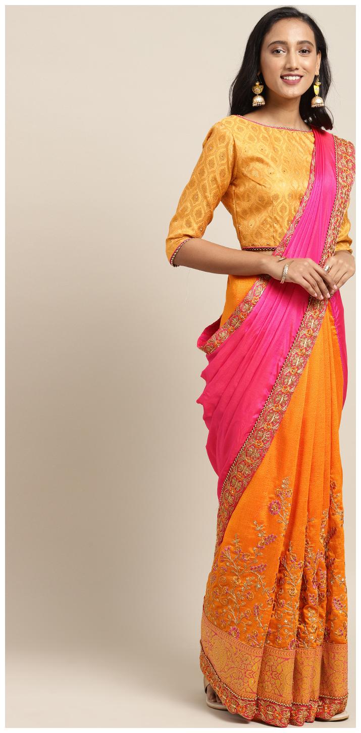 

Indian Women Silk Universal Saree Yellow Pink