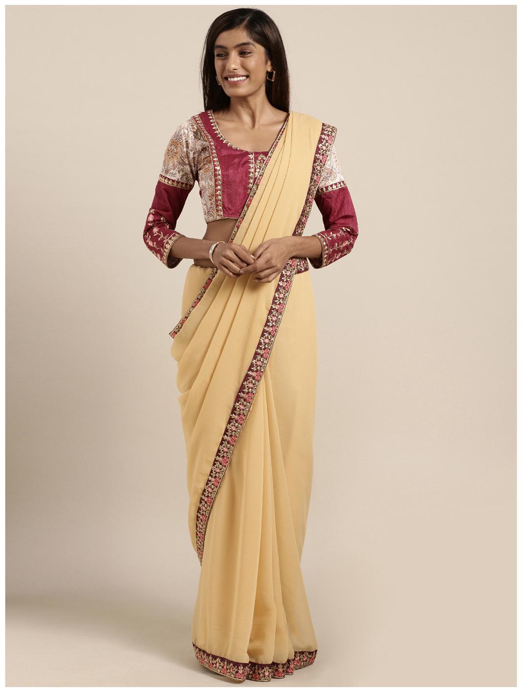 

Indian Women Chiffon Party Designer Saree Beige