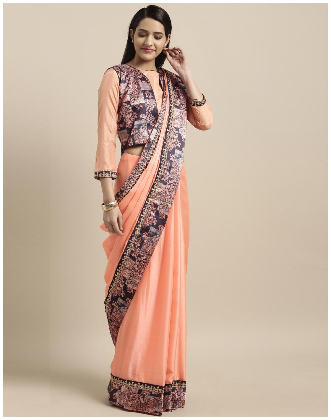 

Indian Women Peach Solid Universal Designer Saree With Blouse With blouse