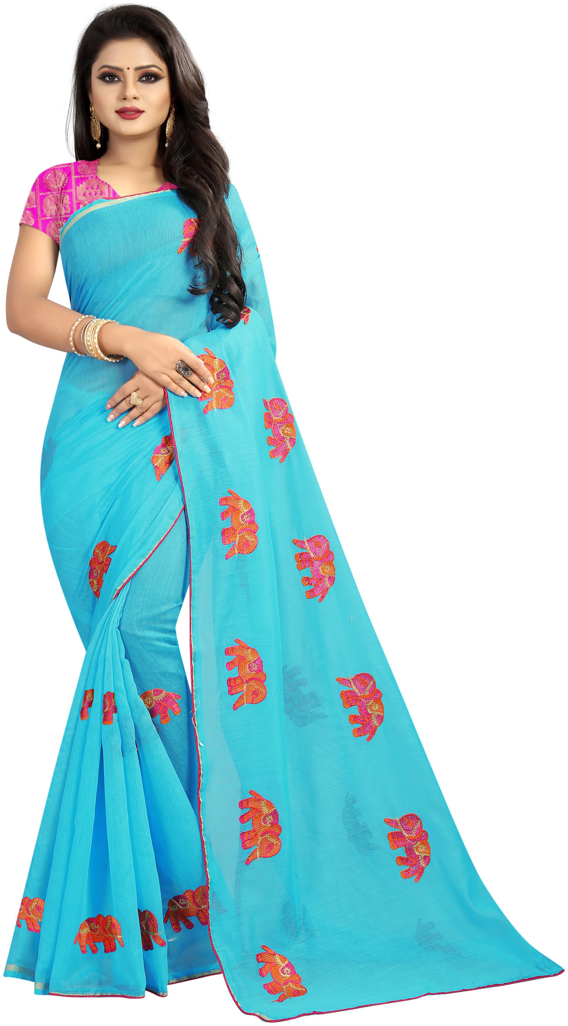 

Indianrang Sky Blue Chanderi Cotton Saree With Blouse Piece