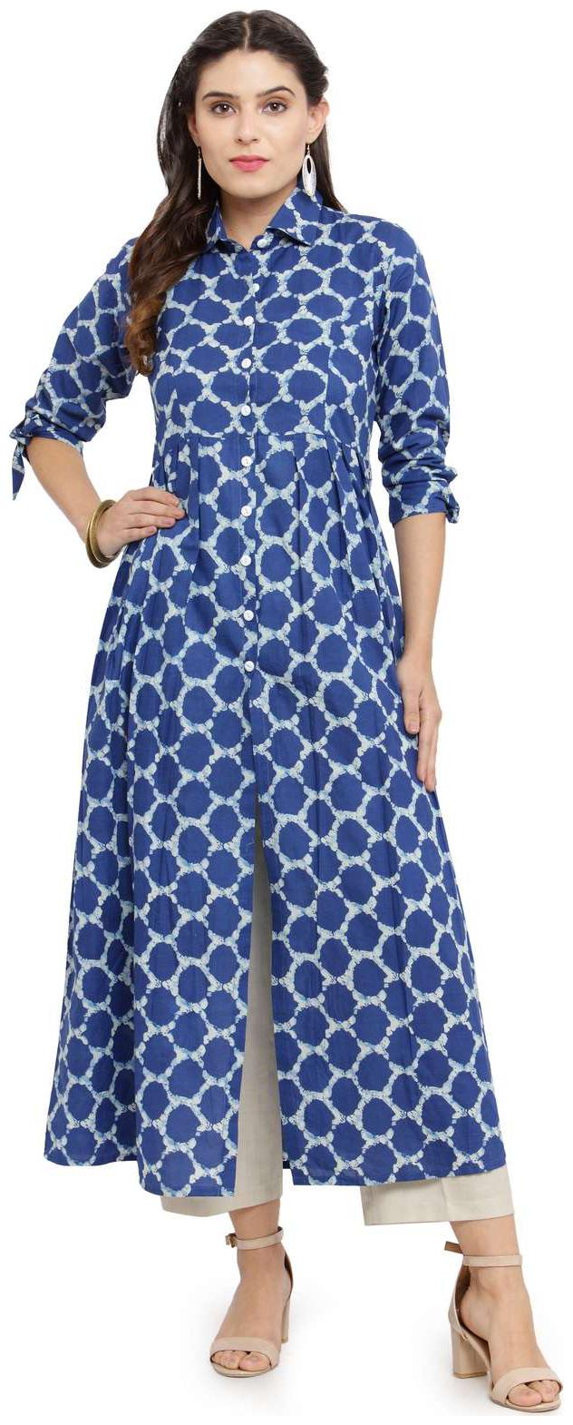 

Indibelle Blue Cotton Full Length Shirt Style Kurta With Ankle Length Trouser