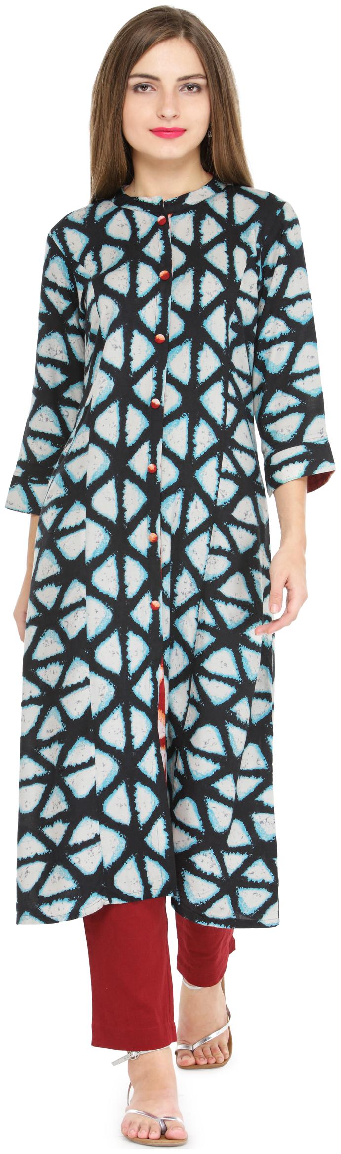 

Indibelle Blue Geometric Print Rayon Kurta