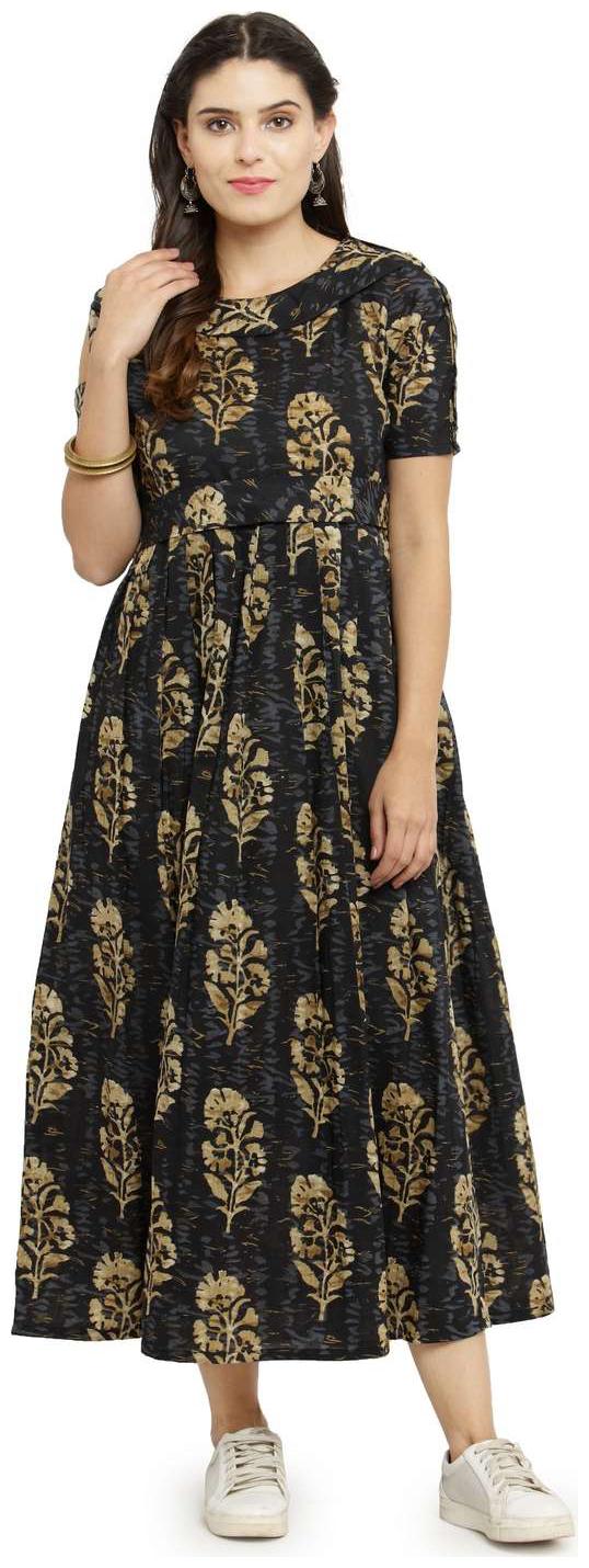 

Indibelle Black Cotton Full Length Floral Print A-Line Western Kurta