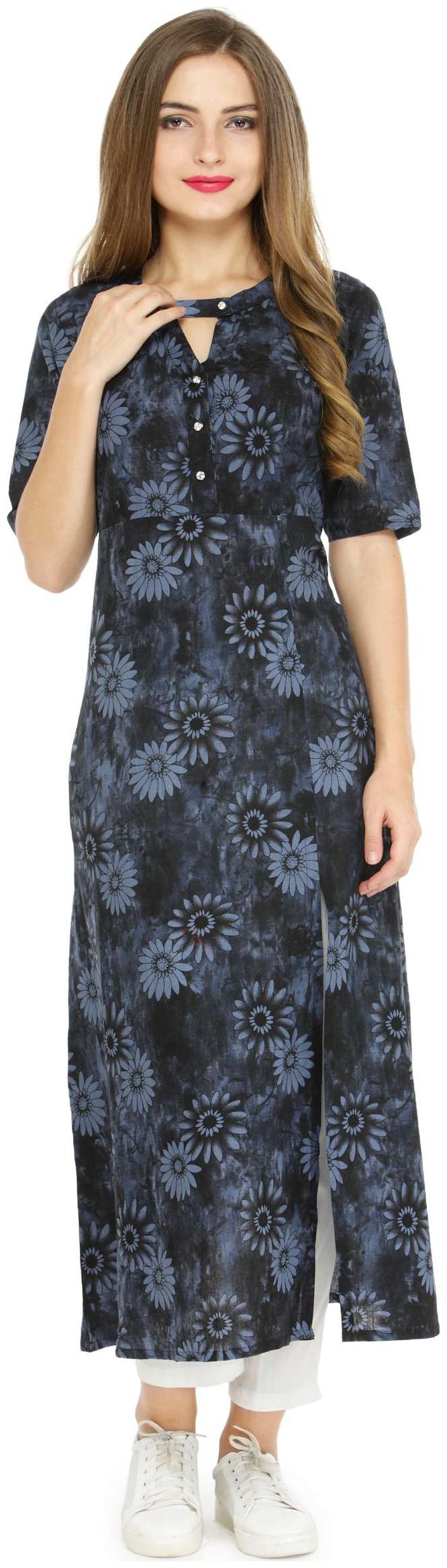 

Indibelle Black A-Line Floral Print Cotton Kurta