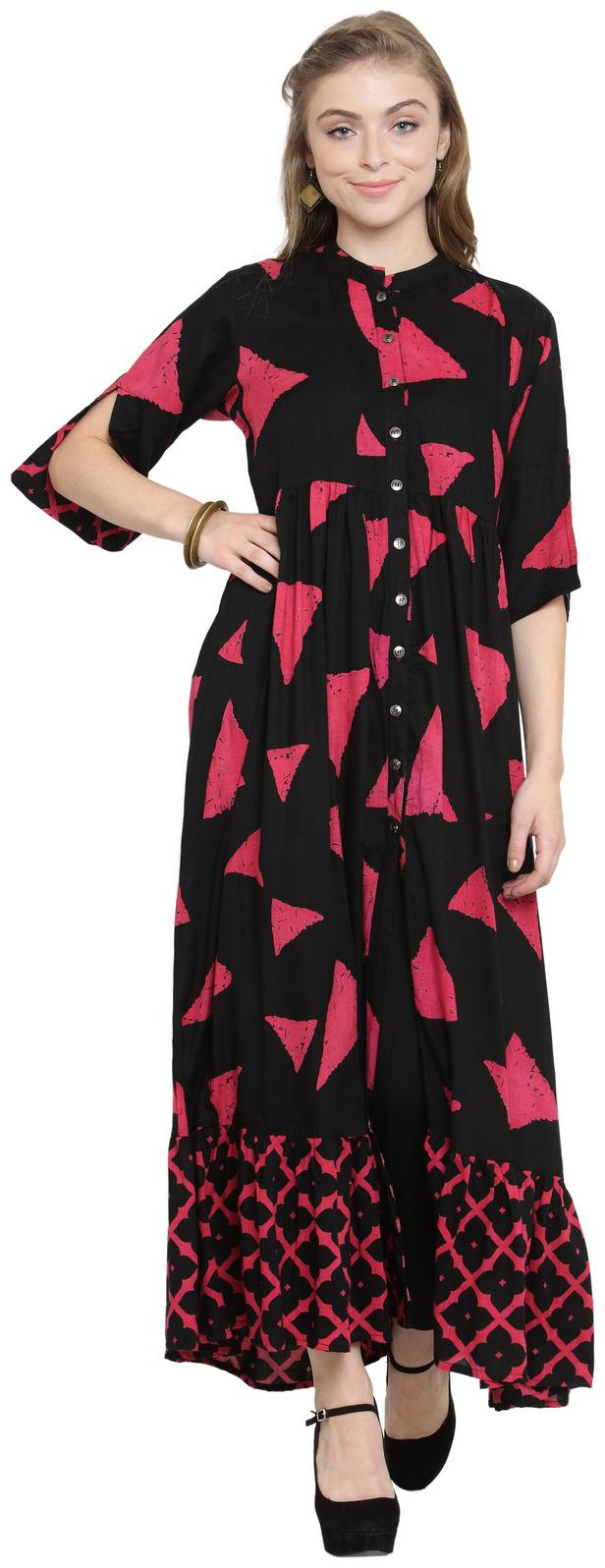 

Indibelle Black Rayon A-Line Bottom Frill Kurta With Ankle Length Trouser