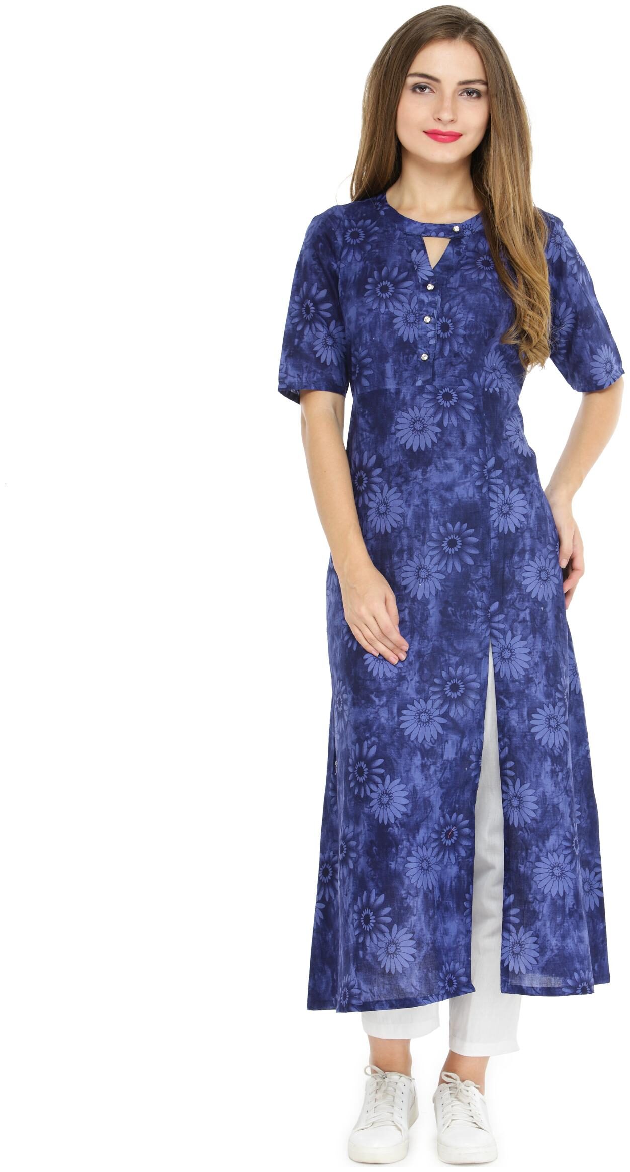 

Indibelle Women Blue Floral High Slit Kurta