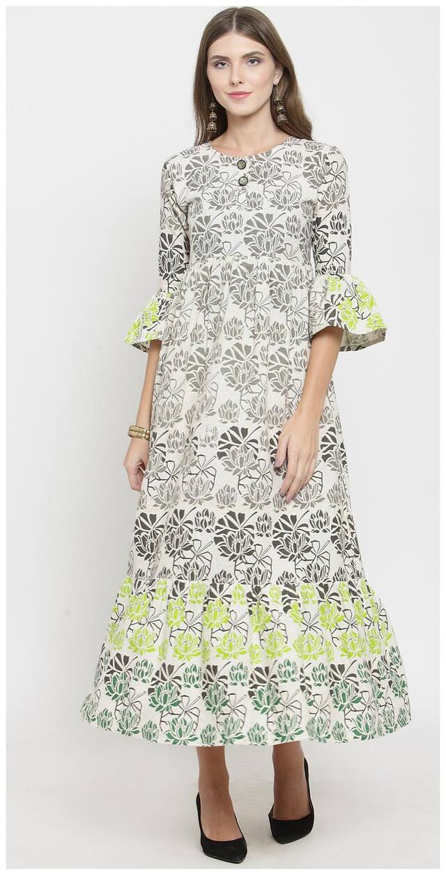 Indibelle Women White Printed A Line Kurta