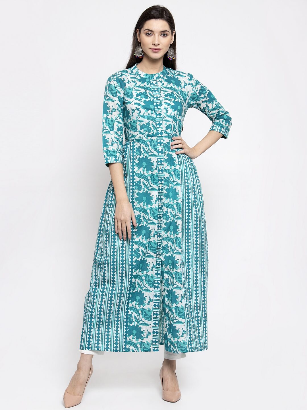 

Indibelle Cotton Turquoise Floral Kurta For Women