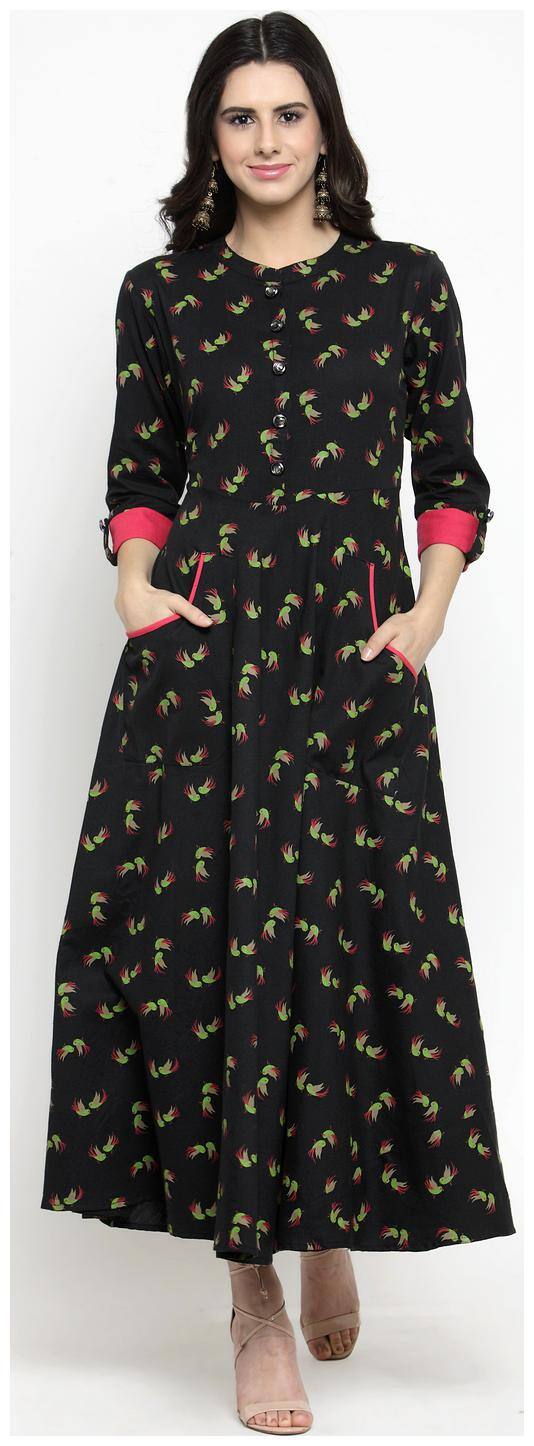 Indibelle Black Printed A-line dress