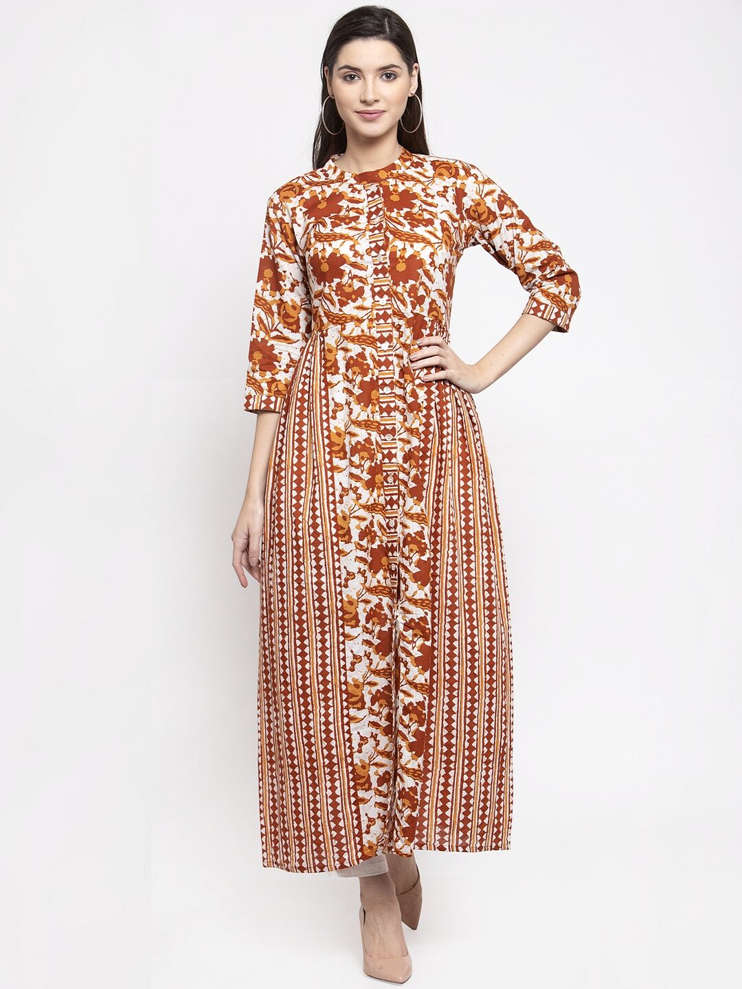 

Indibelle Cotton Brown Floral Kurta For Women