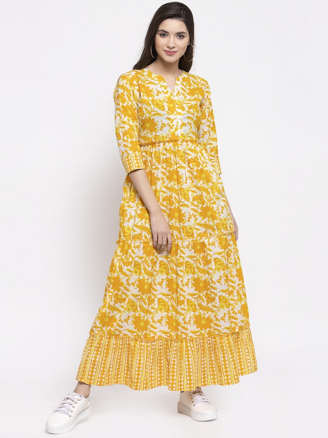 

Indibelle Cotton Yellow Floral Kurta Dress For Women