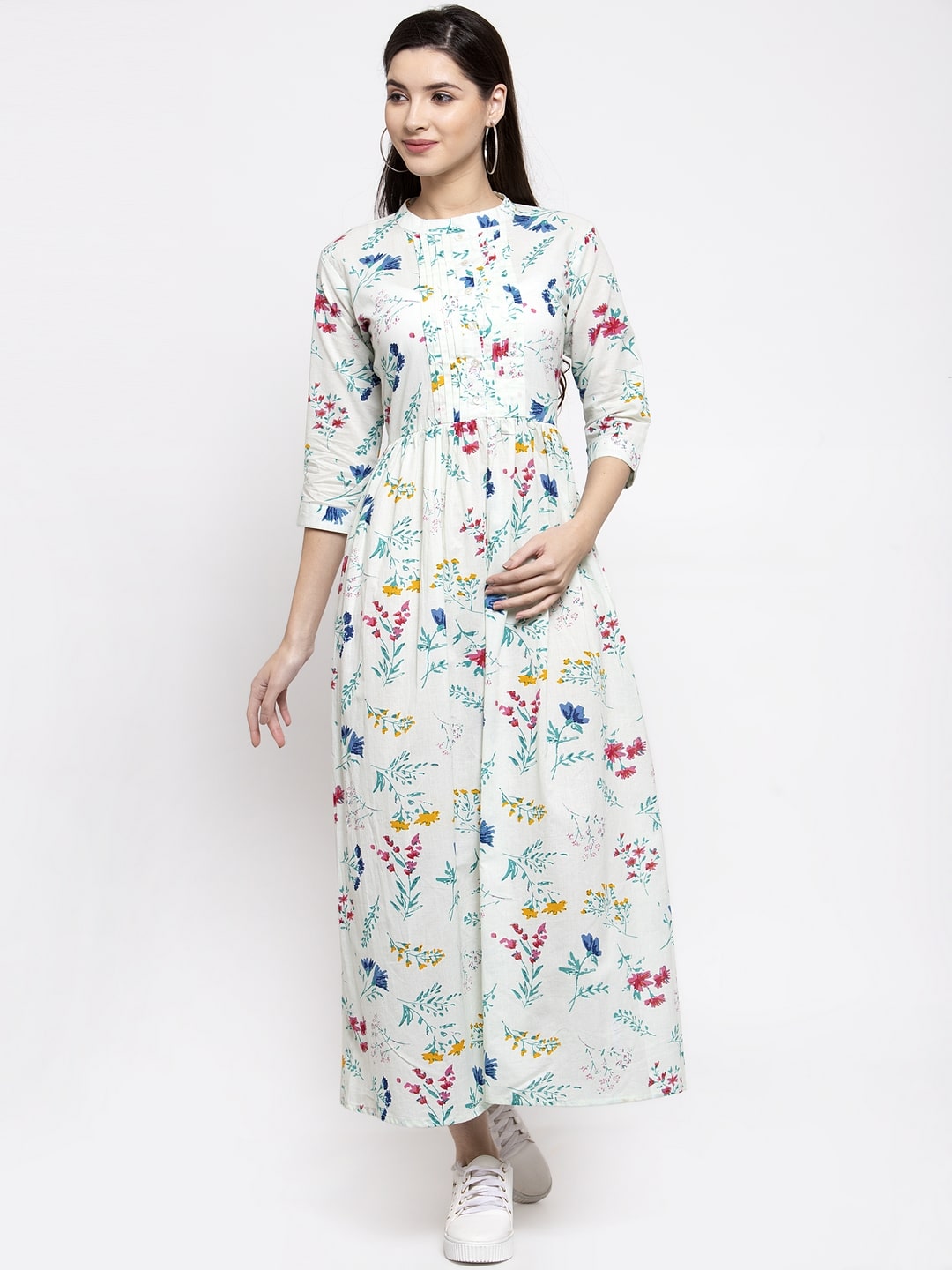 

Indibelle Cotton White Floral Kurta Dress For Women