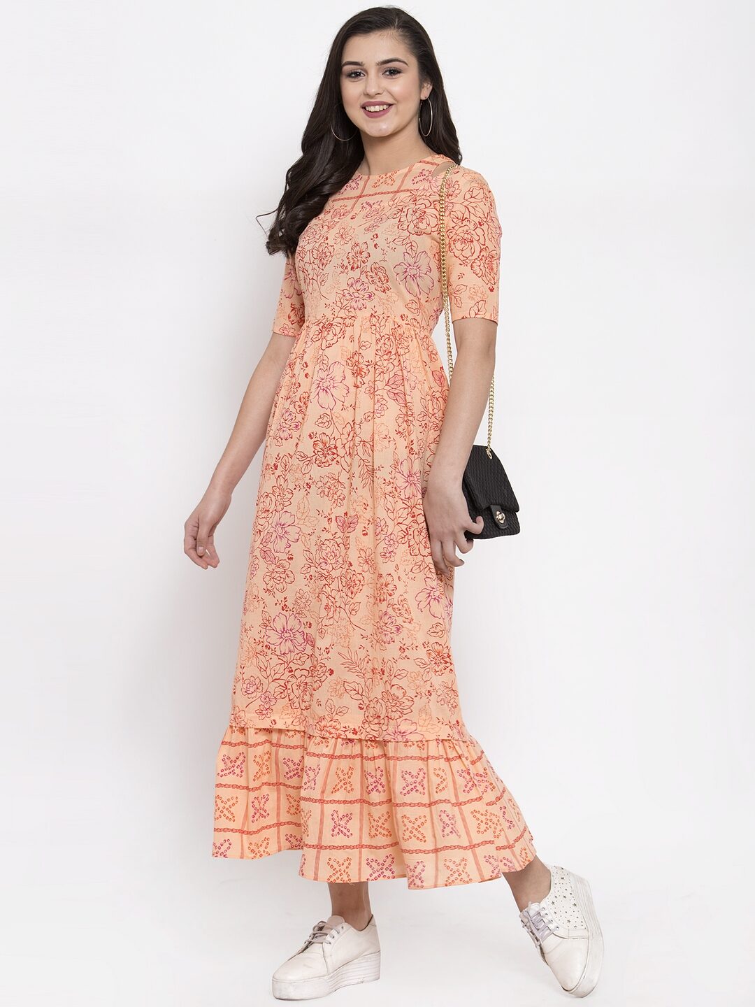 

Indibelle Cotton Peach Floral Kurta Dress For Women