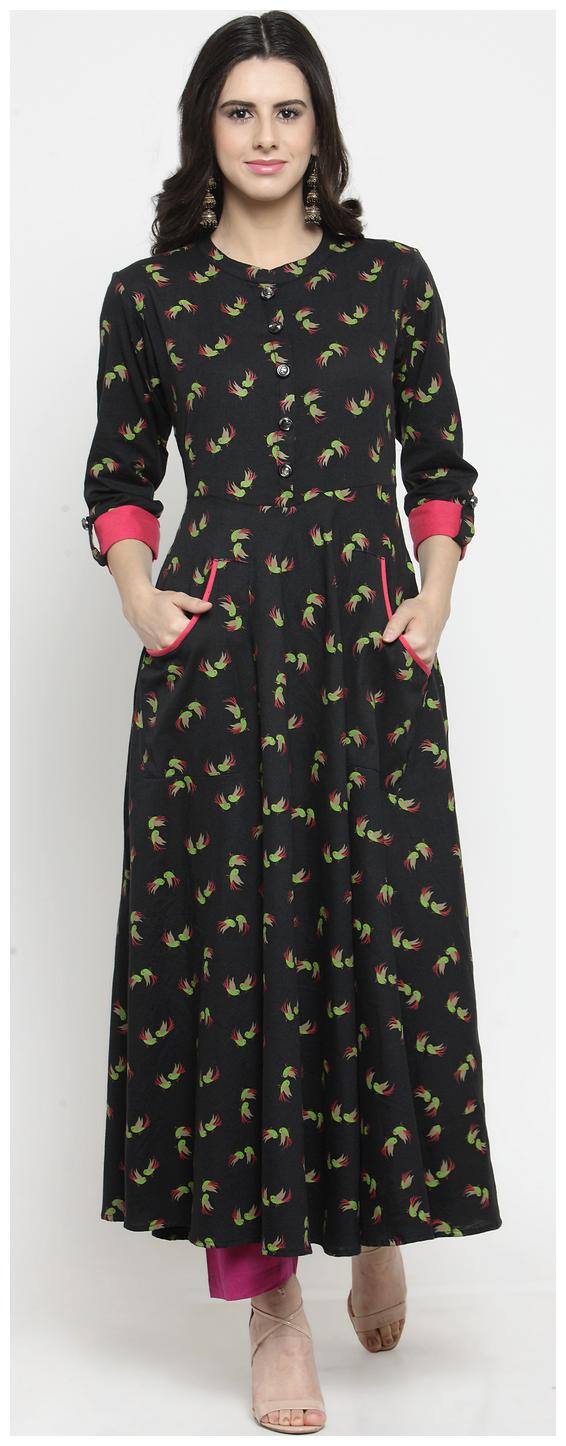 Indibelle Women Black Printed Fit and Flare Kurta