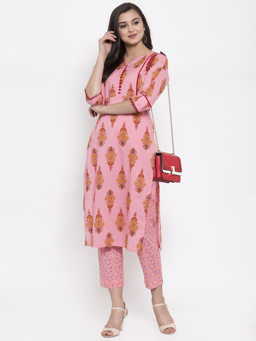 

Indibelle Cotton Pink Floral Kurta For Women
