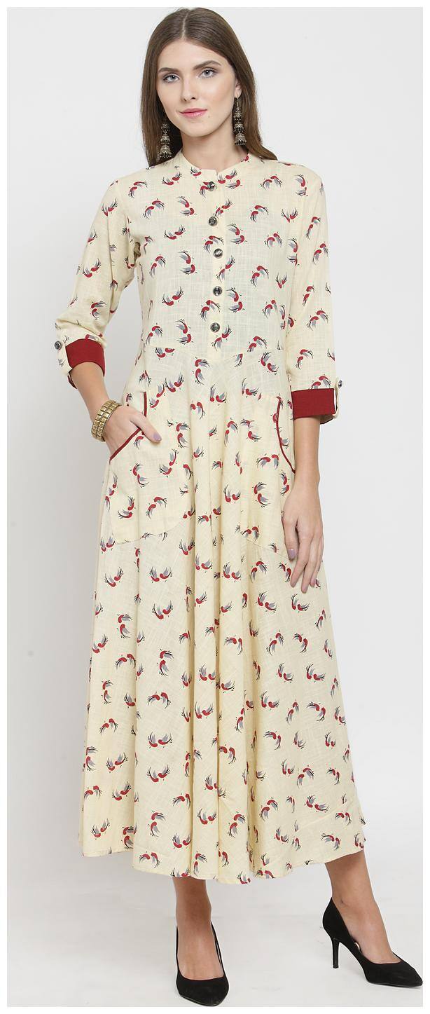 Indibelle Cream Printed A-line dress