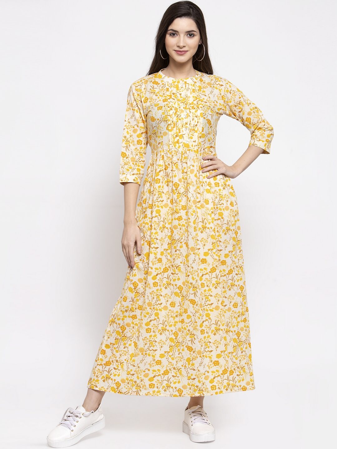 

Indibelle Cotton Yellow Floral Kurta Dress For Women