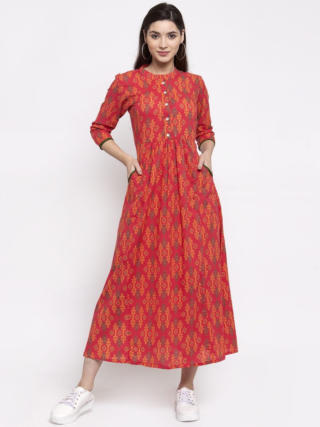 

Indibelle Cotton Red Printed Kurta Dress For Women