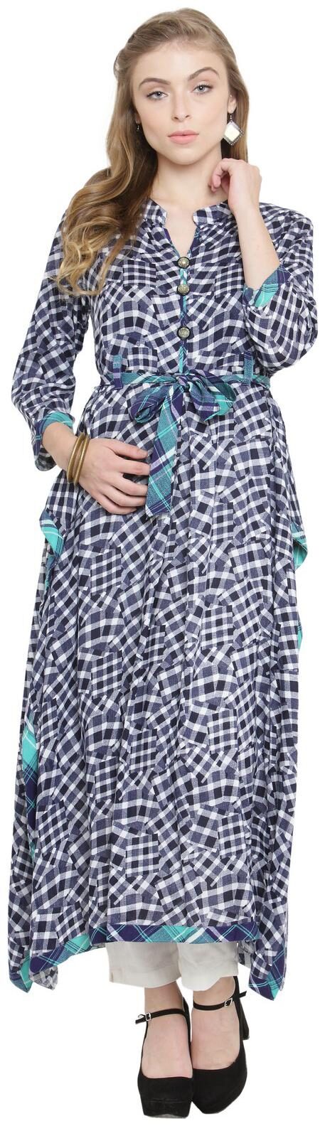 

Indibelle Dark Blue Rayon Asymmetrical Kurta With Ankle Length Trouser