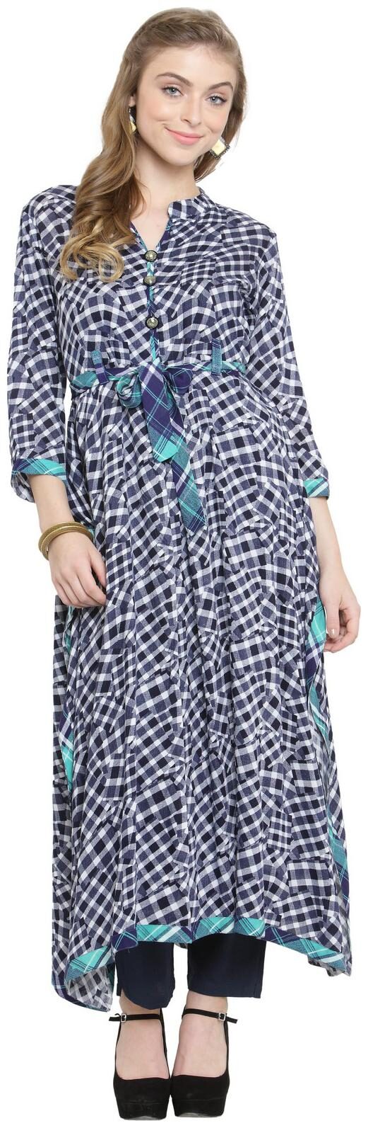 

Indibelle Dark Blue Rayon Asymmetrical Kurta With Ankle Length Trouser