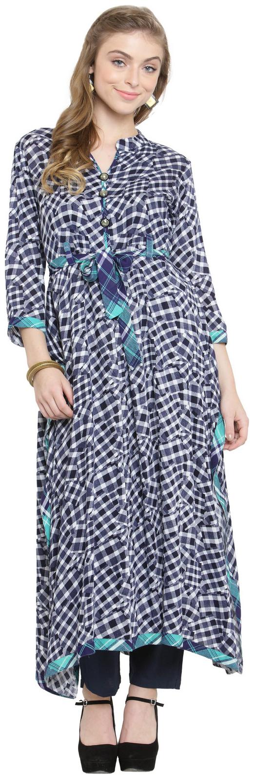 

Indibelle Dark Blue Rayon Asymmetrical Kurta With Ankle Length Trouser