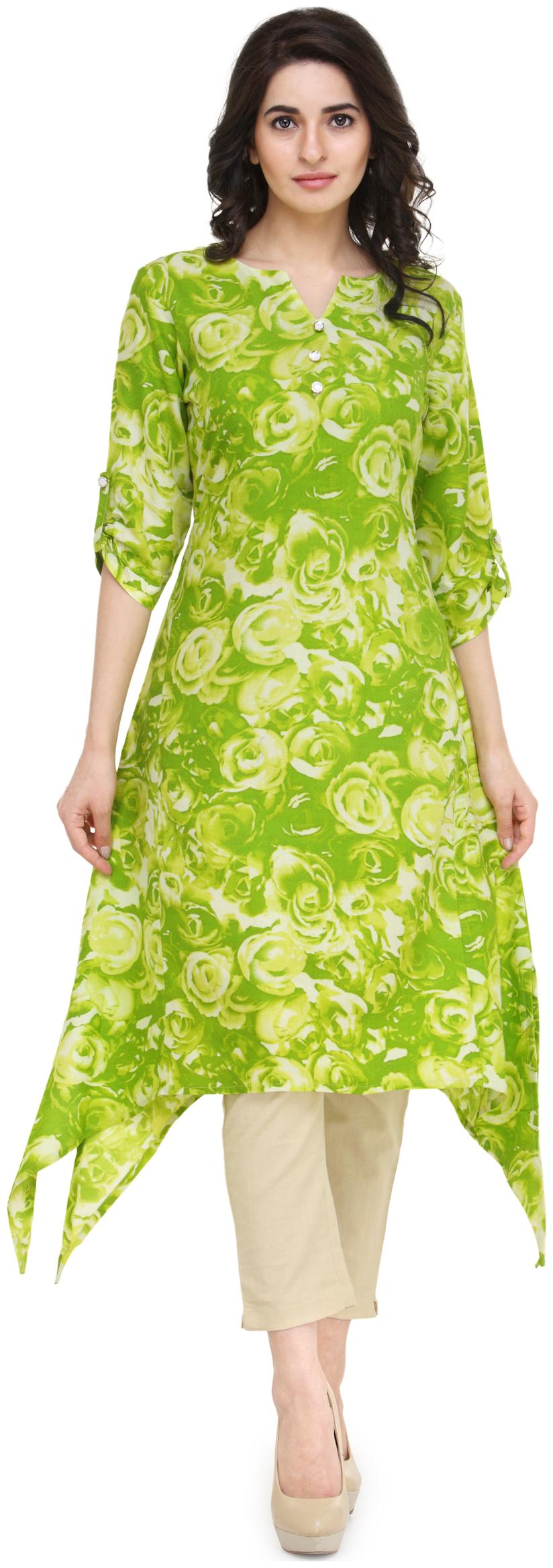 

Indibelle Women Green Floral Regular Kurta