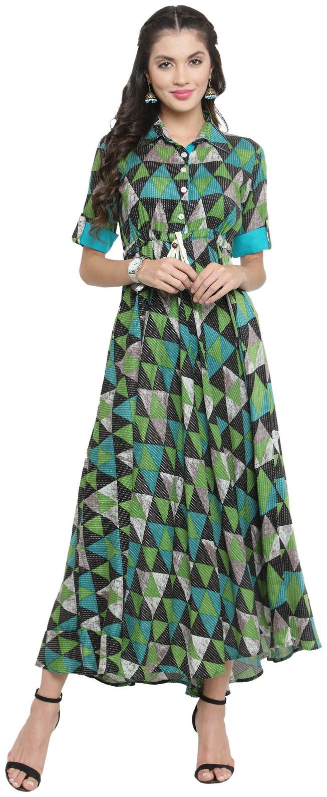 

Indibelle Green Rayon A-Line Long Kurta