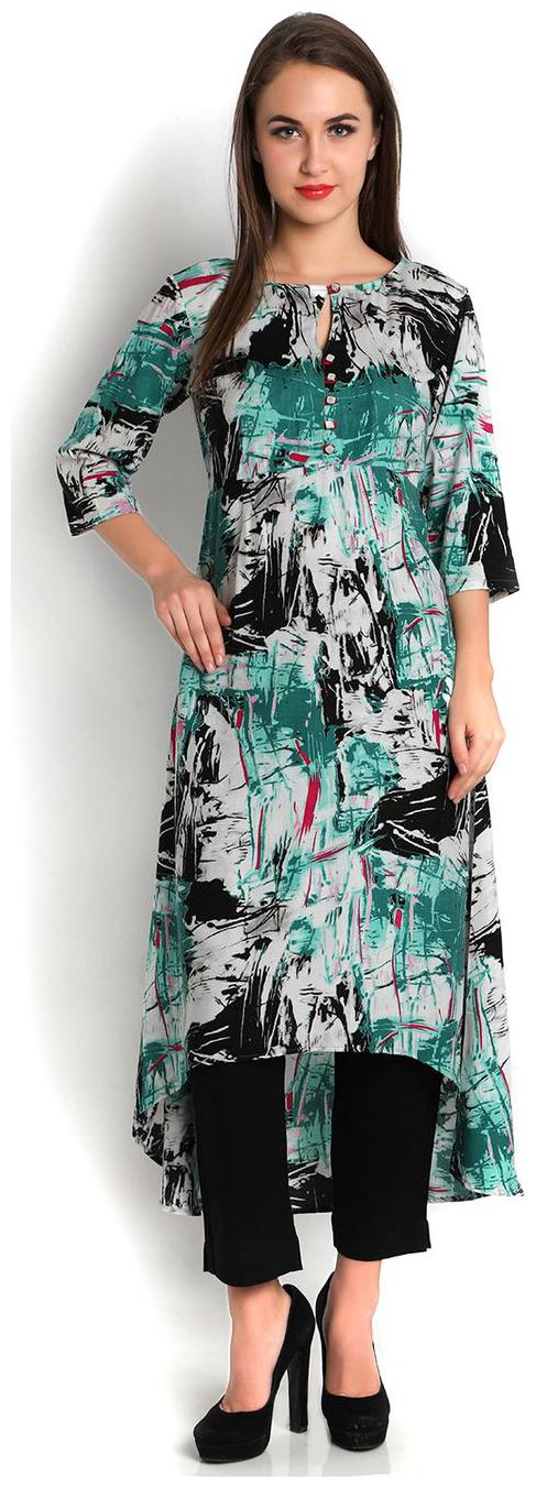 

Indibelle Green Rayon Abstract Printed High Low Kurta