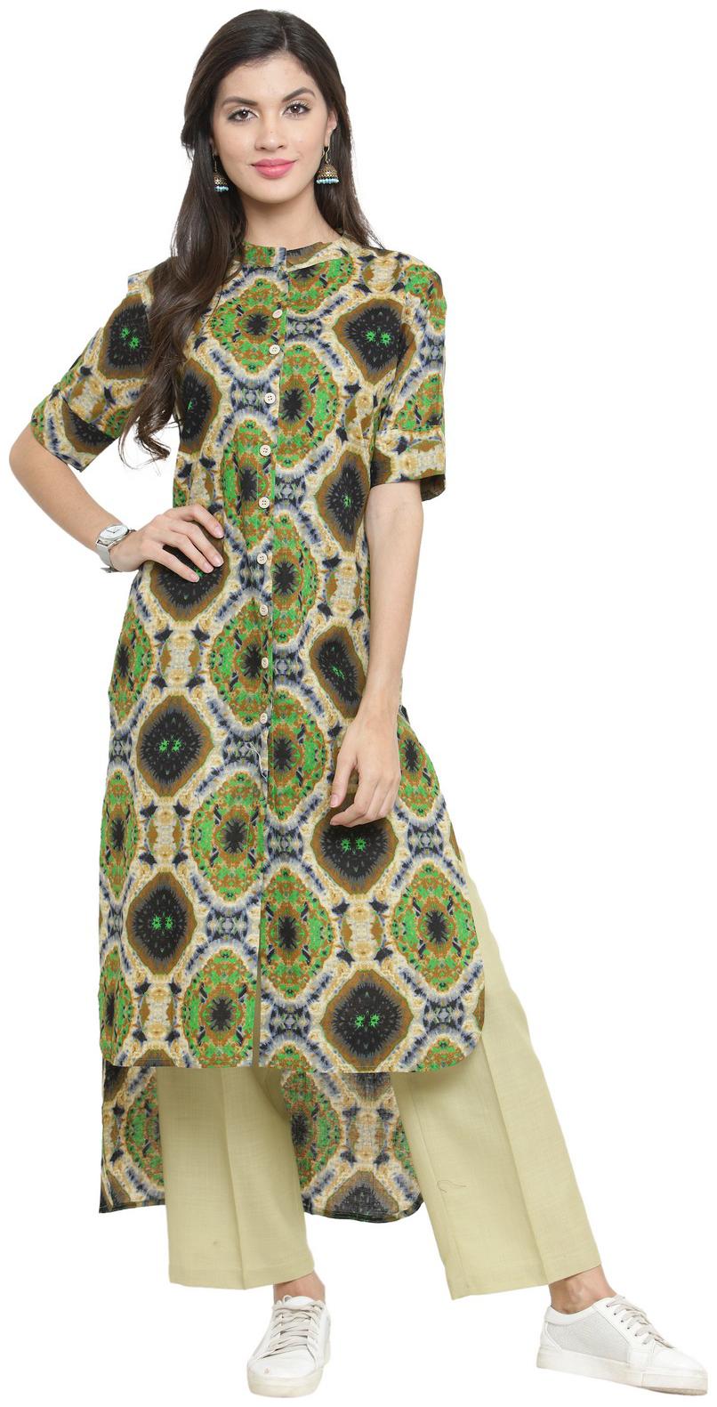 

Indibelle Women Green Printed Regular Kurta