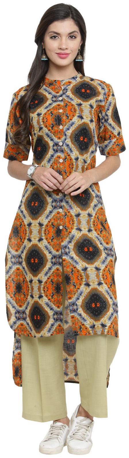

Indibelle Multicolor Cotton High Low Kurta With Ankle Length Trouser